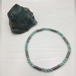 HANDCRAFTED Mint Green Jade & Silver Hematite Stretch Ankle Bracelet